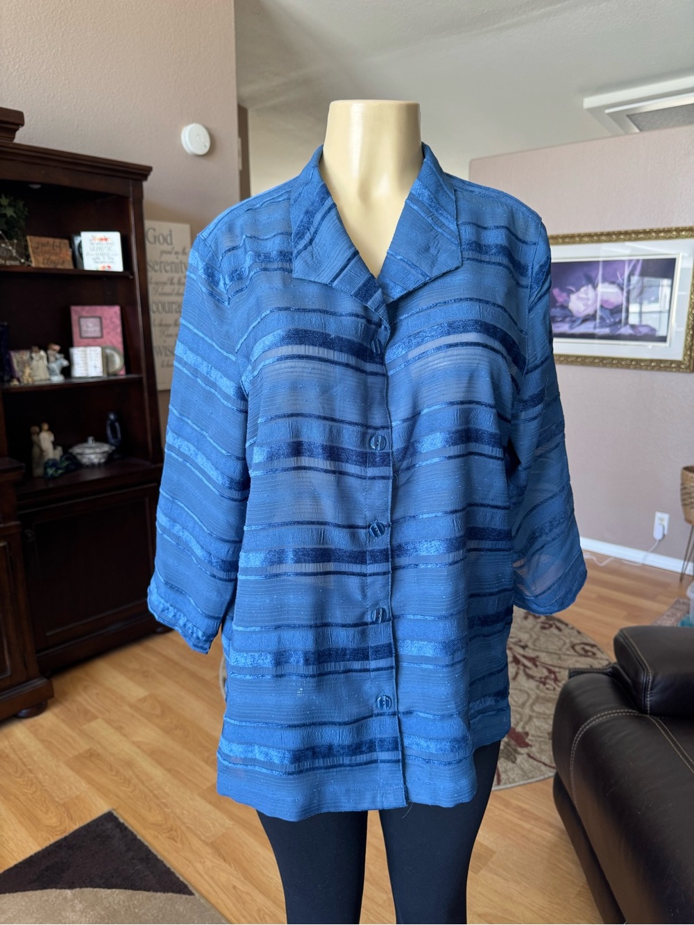 French Laundry slightly sheer blue striped button front blouse-size XL